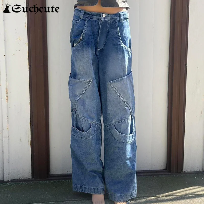 

Хип-хоп женские джинсовые брюки с широкими штанинами и большими карманами