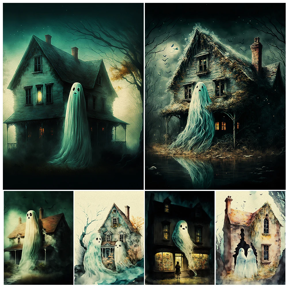 

The Dilapidated Haunted House And The Lonely Ghost Vintage Wall Art Canvas Painting Creepy Spooky House Art Poster Print Decor