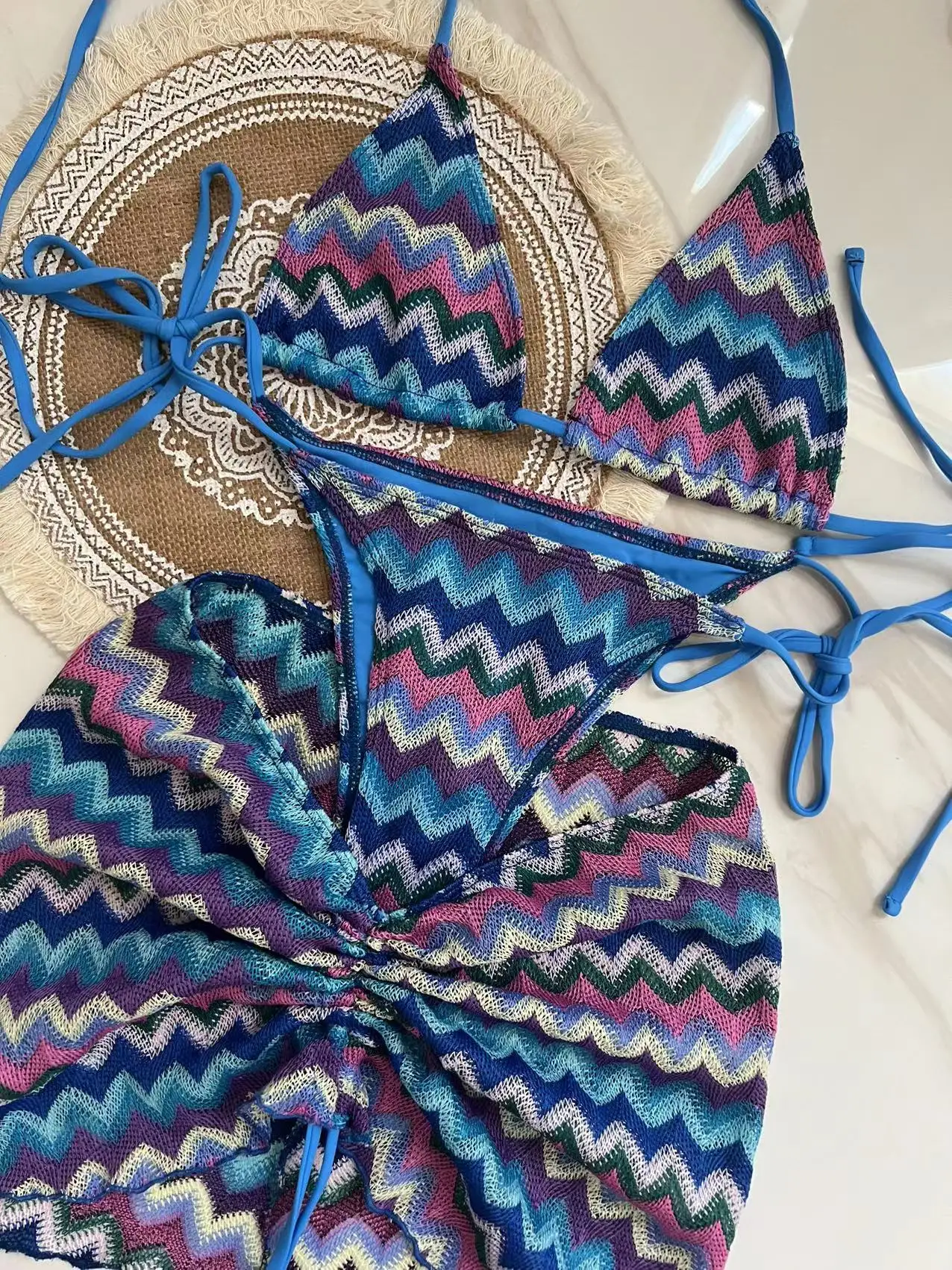 

Crochet Bikini Three Piece With Skirt Women Swimsuit Zigzag Swimwear Beachwear