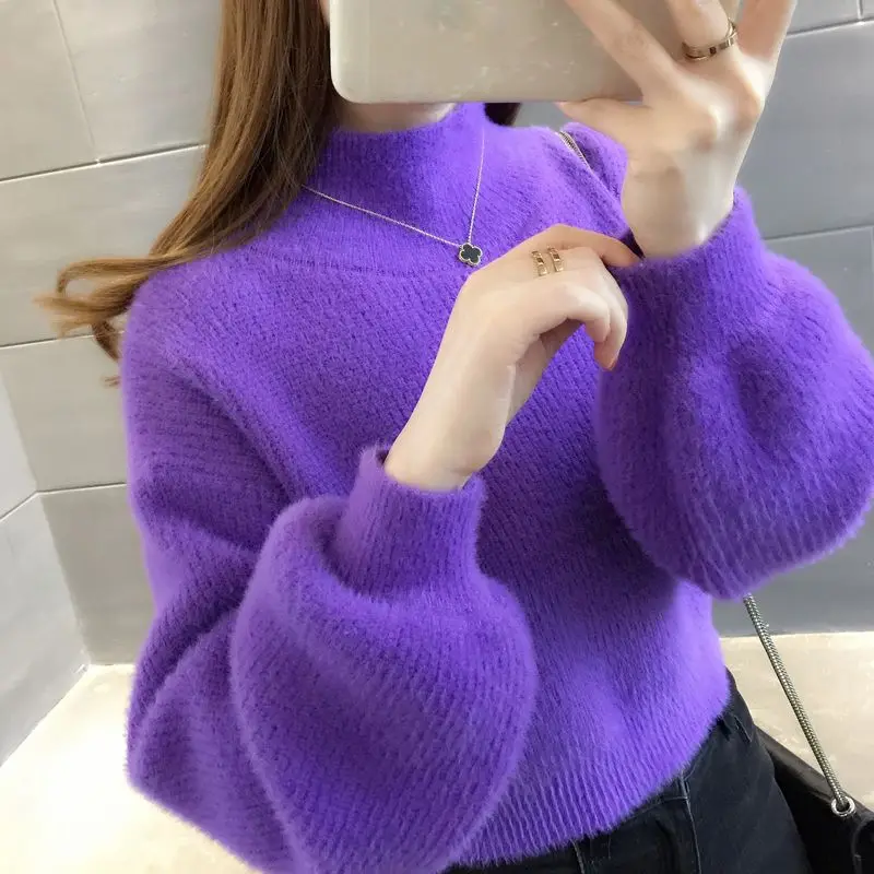 

Turtleneck Soft Warm Sweater Solid Lantern Sleeve Basic Sweater Pullover Casual Sweater for Women 2023 Autumn Winter D110
