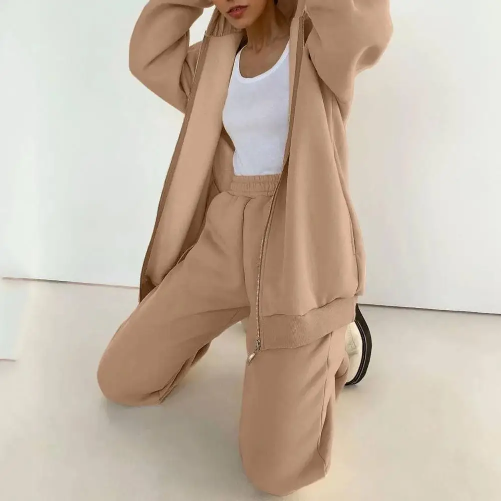 

2Pcs/Set Wearable Women Tracksuits Zipper Closure Autumn Winter Coat Pants Set Winter Zipper Jacket And Elastic Waistband Pant