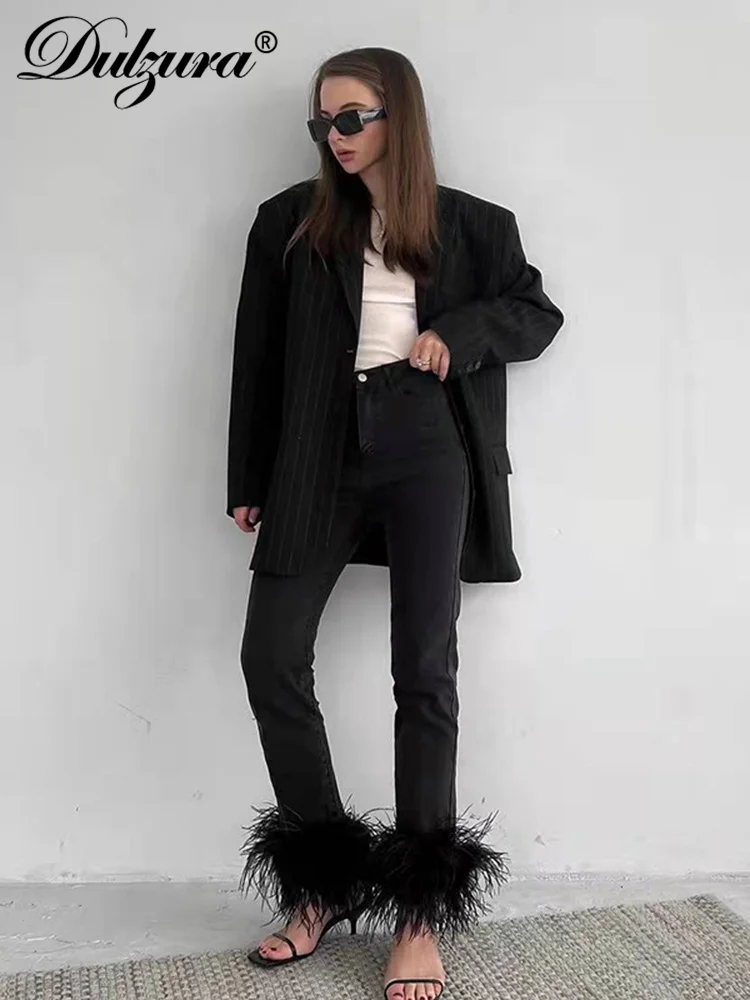 

Dulzura 2022 Summer Women High Waist Feather Pencil Jeans Streetwear Club Fashion Trousers Club Rave Festival Wholesale