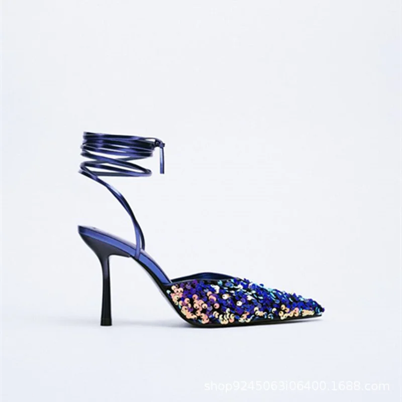 

New high-heeled shoes black blue beading dew-heeled Moulle lace-up Stiletto