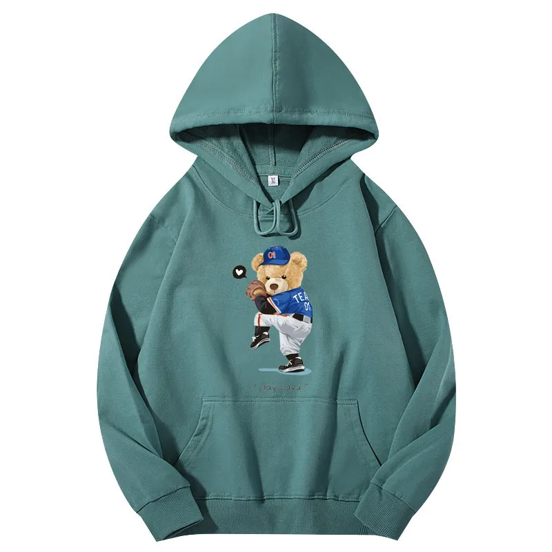 

Spring New Men Women Hoodies Baseball Bear Print Streetwear Unisex Pure Cotton Pullover Long Sleeve Tops Man Clothing