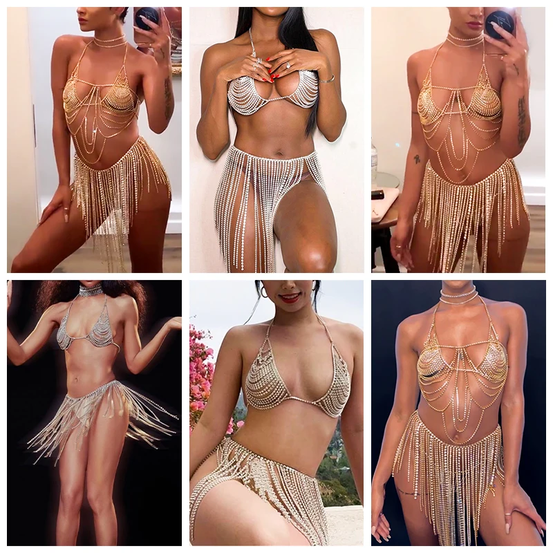 

Fashion Rhinestone Chain Bra Tassel Skirt 2 Pieces Set Women Outfits Nightclub Rave Stage Wear Lover Gift Sexy Underwear Suit