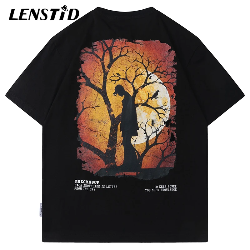 

LENSTID Summer Men Short Sleeve Tshirts Hip Hop Darkness Tree Man Print T Shirts 2022 Streetwear Harajuku Casual Cotton Top Tees