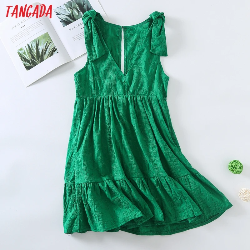 

Tangada Fashion Women Summer Green Cotton Embroidery Playsuit Bow Sleeveless Buttons Female Beach Playsuit 6H53
