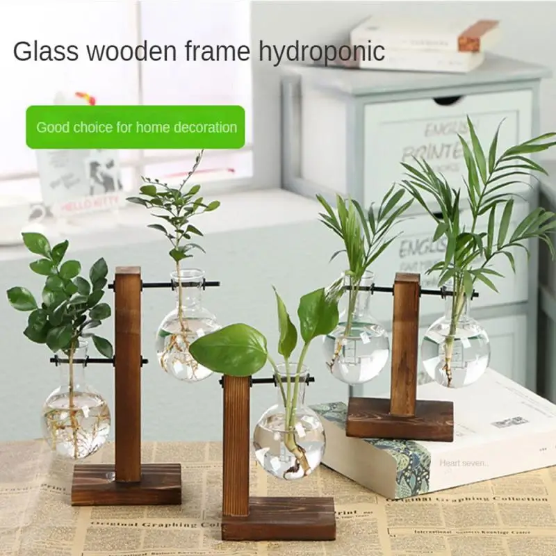 

Transparent Glass Vase Hydroponic Plant Vase Wooden Frame Simple And Creative Glass Bottle Home Bonsai Decor Desktop Decoration