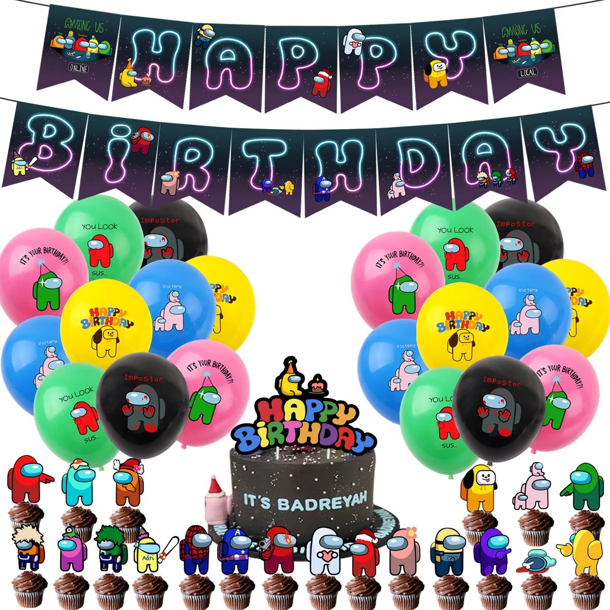Among Of Us Party Supplies Balloons Cake Topper Happy Birthday Banner Kids Boy Decoration Game |