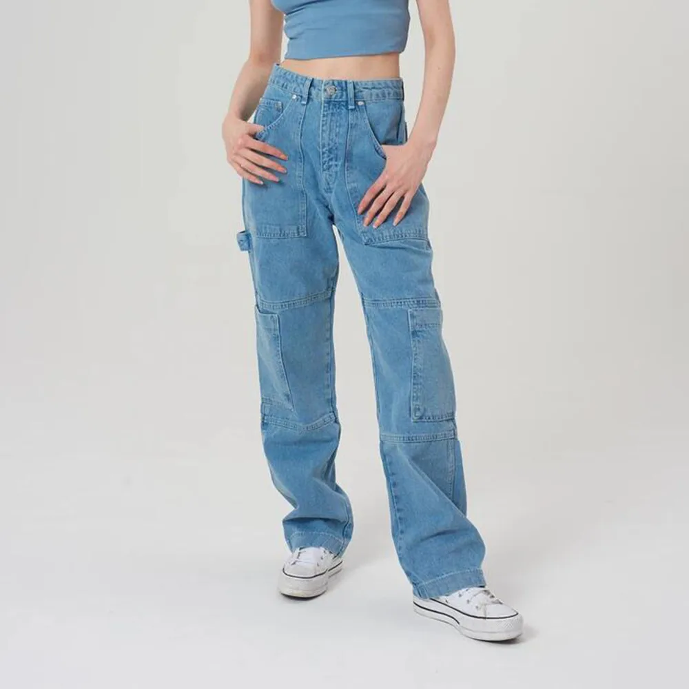 New Women's Jeans Multi-Pocket Stitching Overalls Women's Jeans High Waist Loose Wide Leg Pants Street Hip Hop Straight Pants