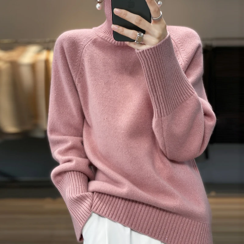 Turtleneck Bright Silk 100% Pure Wool Cardigan Women's Loose Korean Version Pullover 2022 Autumn Winter Knit Base Sweater
