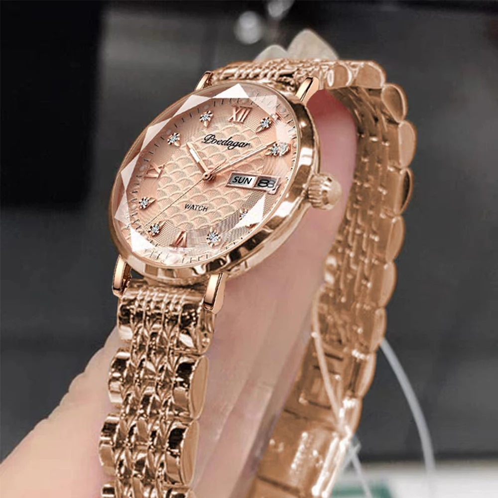 POEDAGAR Women Watches Fashion Rose Gold Steel Quartz Watch Waterproof Luminous Week Date Swiss Brand Ladies Wristwatch Bracelet enlarge