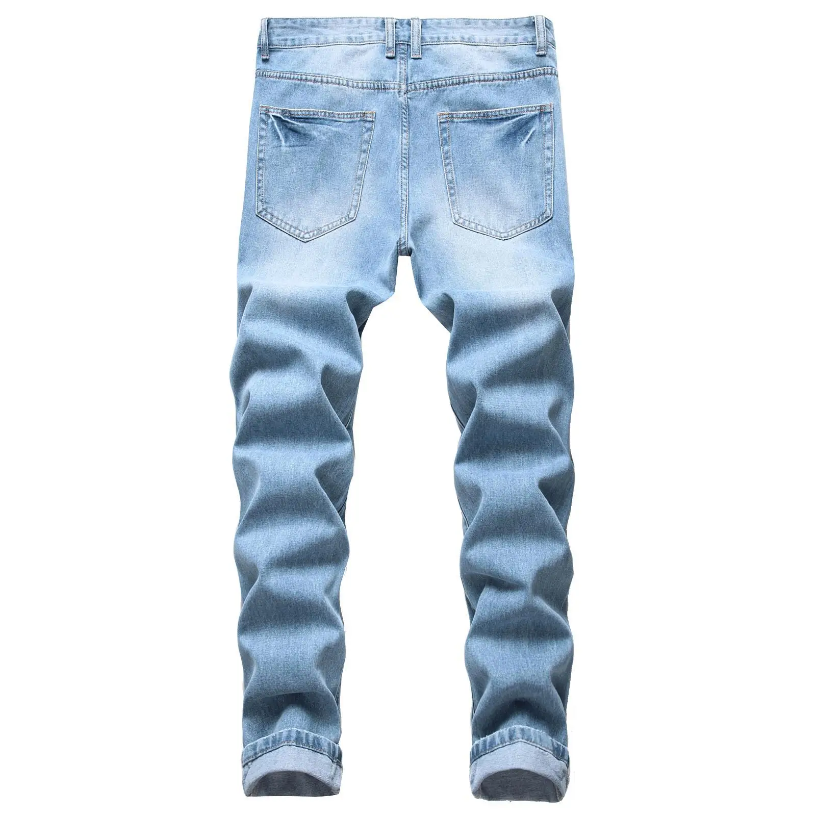 2023 Light Blue Men's Ripped Jeans Straight Slim Non-stretch Denim Pants Designer Street Casual Long Trousers Dropshipping