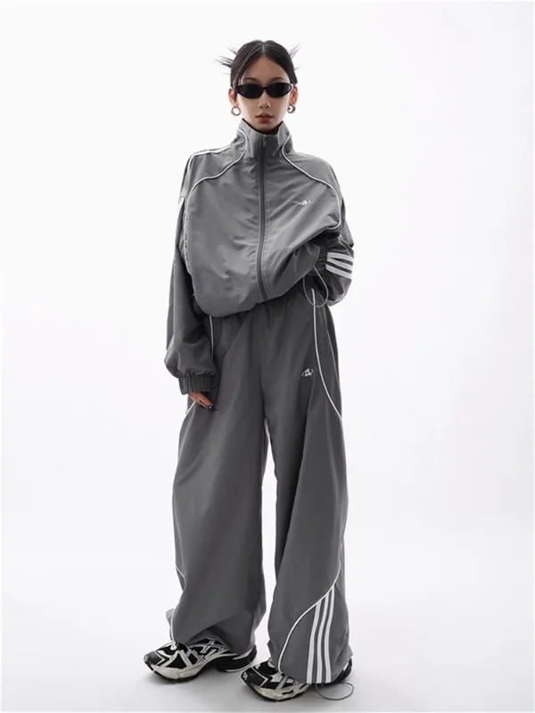 

Комплект спортивной одежды женский из двух предметов, винтажная уличная одежда в стиле 90-х, спортивный костюм оверсайз с широкими штанинами, куртка в стиле хип-хоп, Y2K