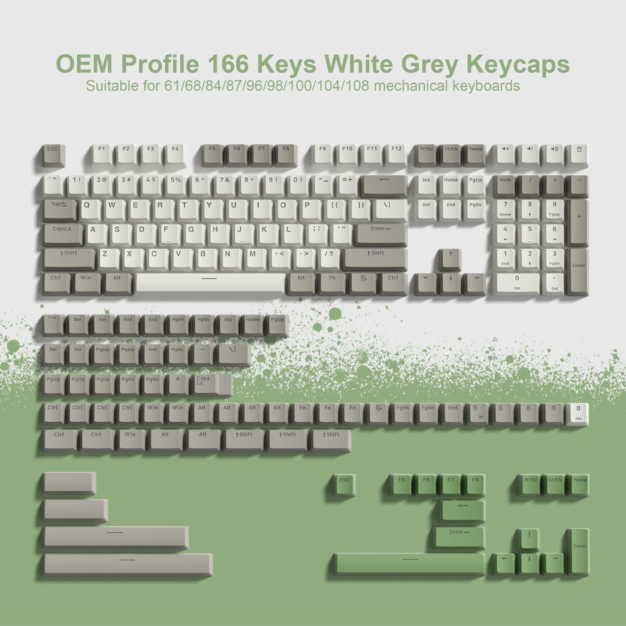 

166 Key White Green Backlit RGB PBT Keycaps Double-shot OEM Profile Key Cap for Cherry MX Switches Mechanical Gaming Keyboard