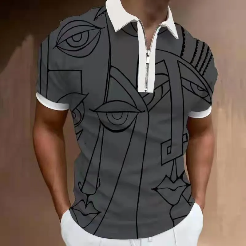 

Summer New Men's Punk Style Short Sleeve POLO Shirt Retro Zip Loose Top Fashion Graphic Print T Shirt Men Streetwear