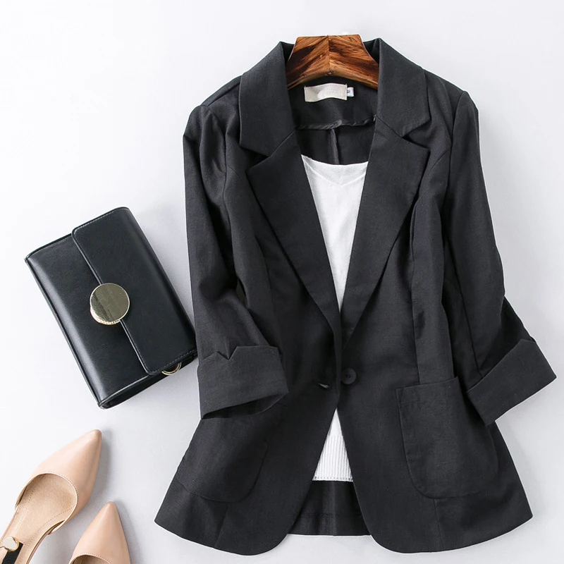 Cotton Linen Blazer Jacket Women Summer Outwear High Quality Solid Single Button Notched Blazer Blazer Three Quarter Sleeve Top