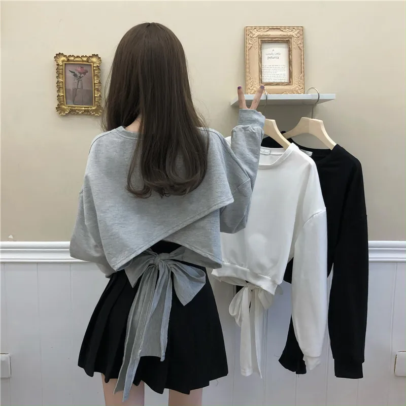 

Thin 2022 Fall Round Long Sleeve Grey Sweatshirt Women Crop Bandage Tops Casual Wild Pullovers Black Hoodie Women White Shirts