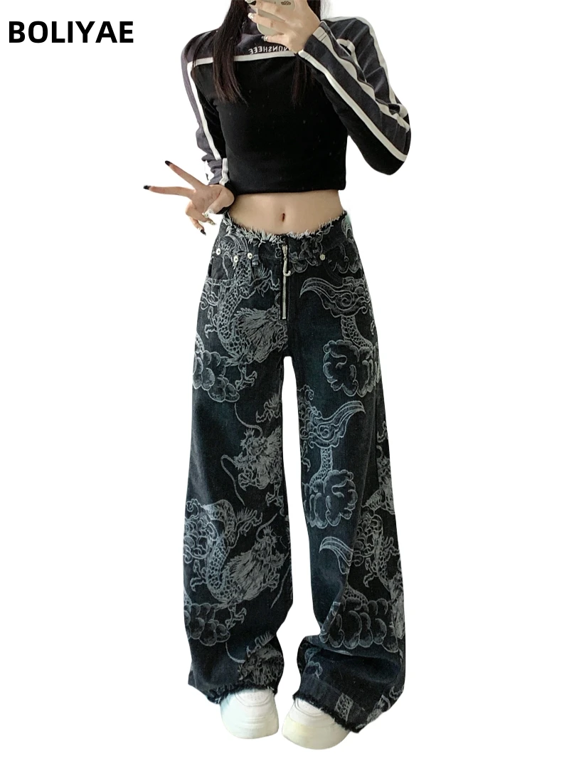 Женские мешковатые джинсы Boliyae с принтом дракона