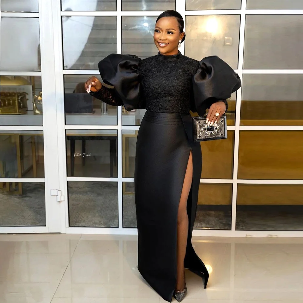 

Lace Skirt Bubble Sleeve Long Sleeve Sexy Split Skirt Black Robe Dress Female Dress