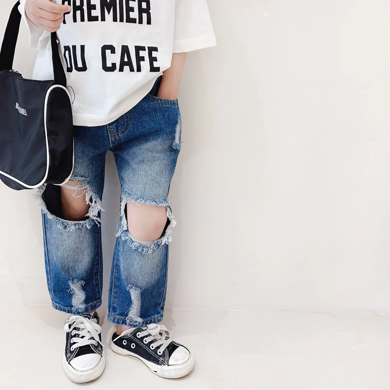 

Демисезонные джинсовые брюки для девочек, детские брюки, детские брюки, детские джинсы, модные рваные бриллиантовые брюки до колена