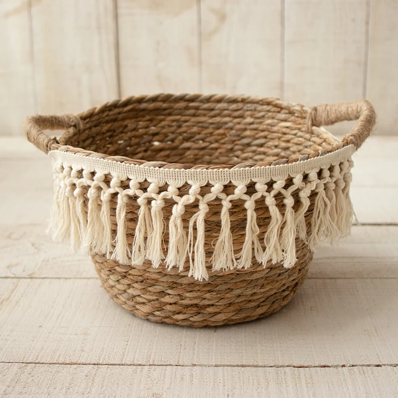 Dvotinst Baby Photography Props Knitted Vintage Straw Woven Round Tassel Basket Fotografia Accessories Studio Shoot Photo Props