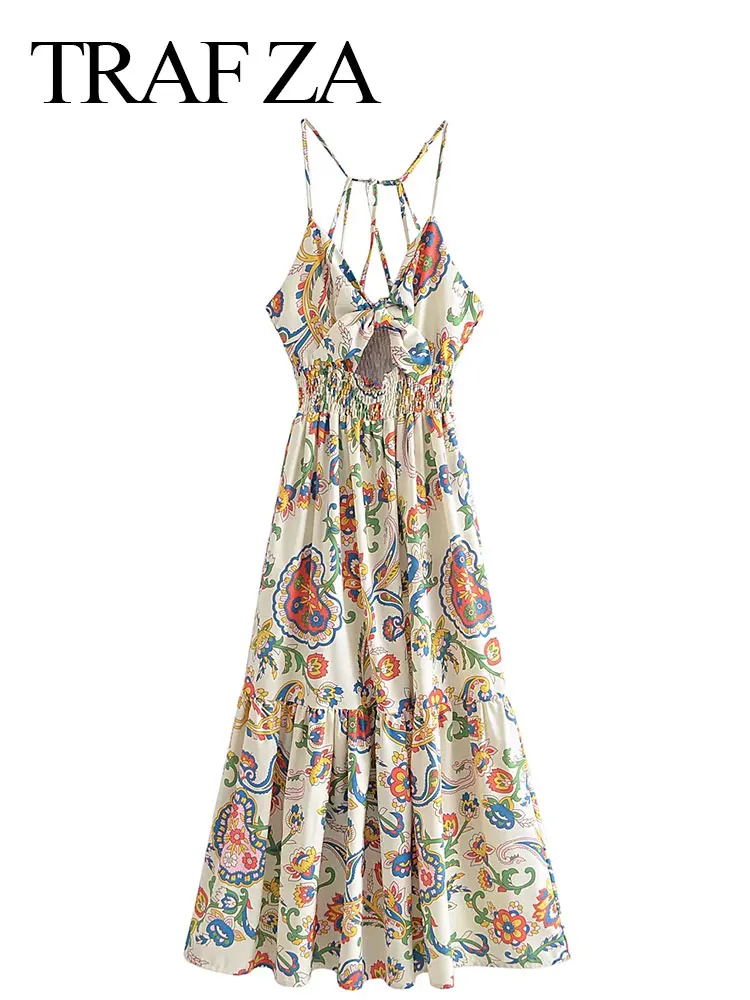

TRAF ZA Fashion Women's Floral Print Spaghetti Strap V Neck Bow Sleeveless A-line Back Tie Hollow Elastic Slim Fit Sexy Summer
