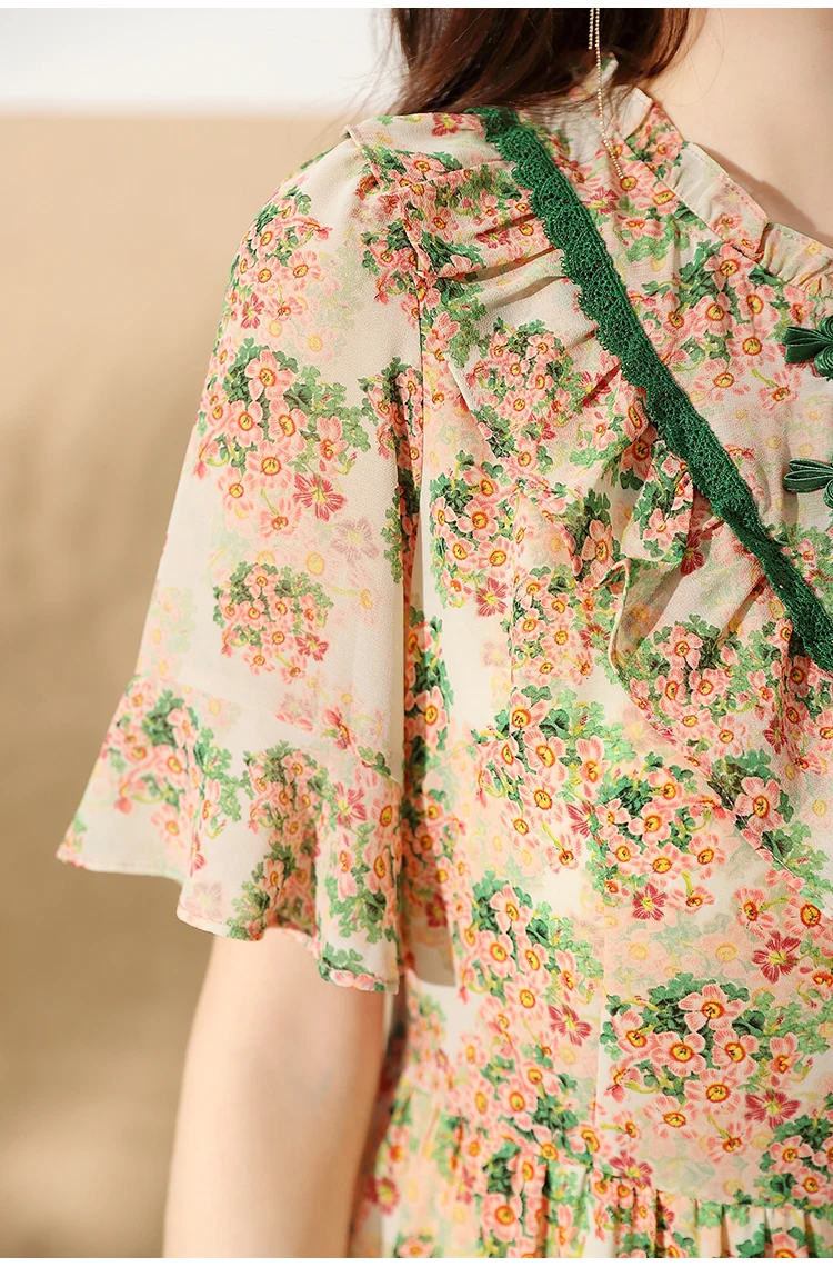 Винтажное шифоновое летнее платье в китайском стиле для женщин с V-образным