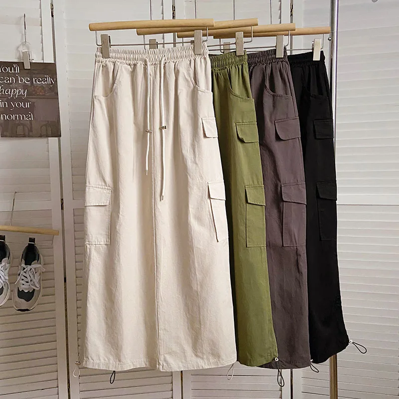 

High Waist Elastic Lace Up Straight Barrel Skirts Women Summer New Korean Fashion Slim Casual Work skirts Pockets Long Skirts