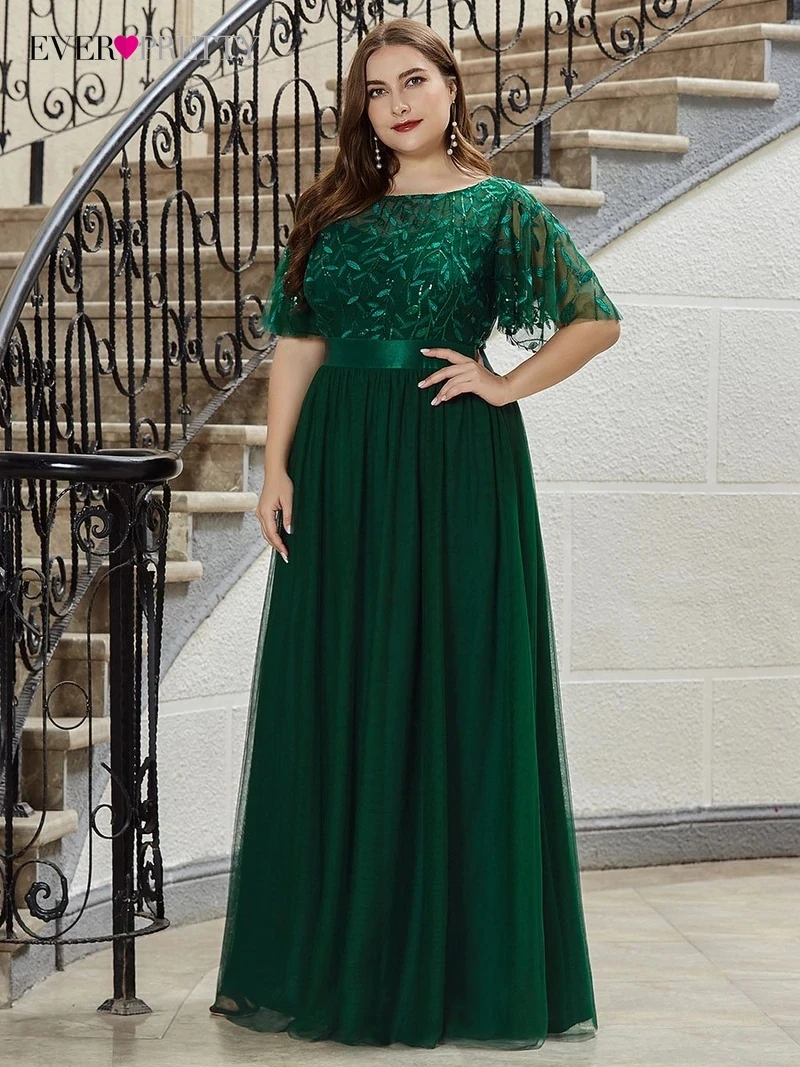

Plus Size Elegant Evening Dresses Long Half Sleeve O-Neck Sequin Print Gown 2022 Ever Pretty of Lace Bridesmaid Women Dress