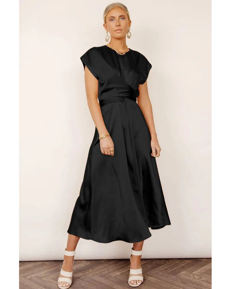 

Wedding Guest Dresses for Women Summer Satin Midi Dress Cap Sleeve Tie Waist Elegant A-Line Flowy Dresses