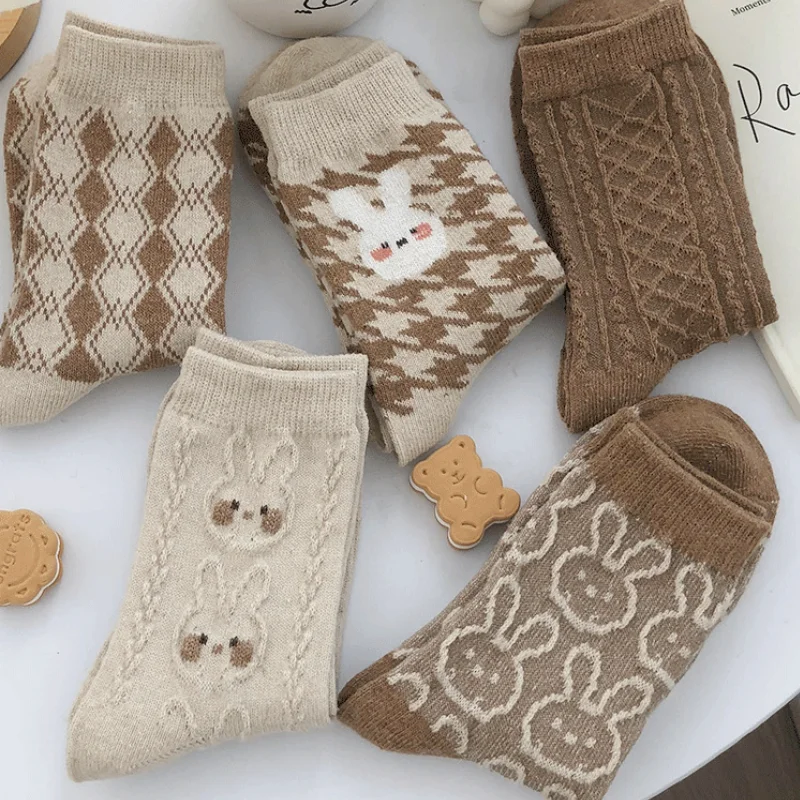 

Autumn and Winter Warm Women's Medium Tube Socks Cute Rabbit Diamond Shaped Original Socks Coffee Color Series