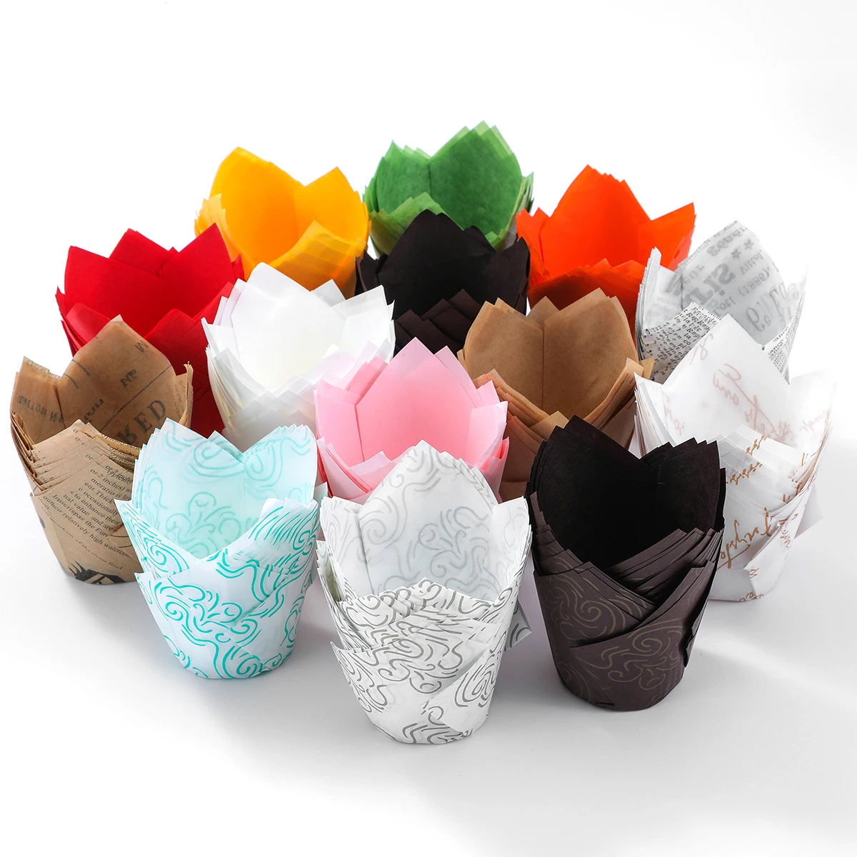 

100pcs Newspaper Style Cupcake Liner Baking Cup For Wedding Party Deco Tulip Muffin Cupcake Paper Cup Oilproof Cake Wrapper