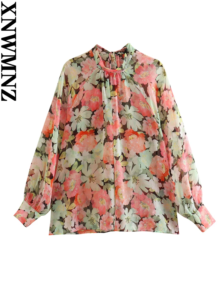 

XNWMNZ 2023 Women Fashion Tie Printed Shirt Vacation High Collar Long Sleeve Casual Versatile Top Female Chic Blouse
