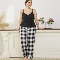 summer v neck sleepwear suit flounce pullover back t shirt top with black white plaid female pants homewear casual wear 4xl