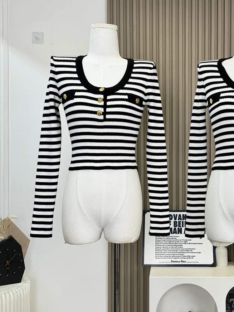 Зимний женский полосатый винтажный тонкий трикотаж с длинным рукавом