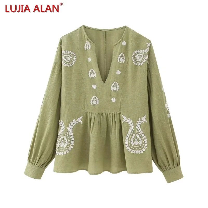 Женская блузка с вышивкой и V-образным вырезом, 2 цвета LUJIA ALAN B2076
