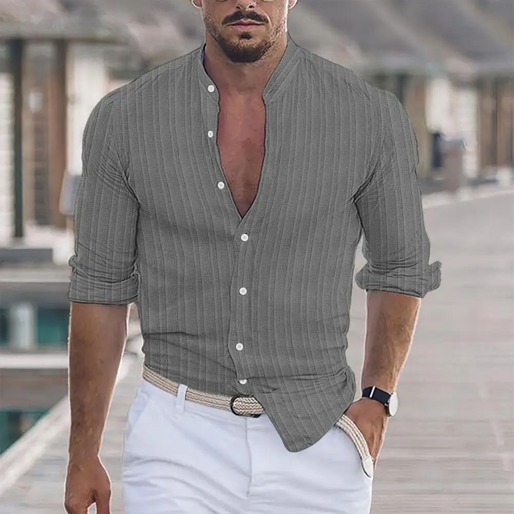 

Slim Fit Shirt Stylish Men's Stand Collar Slim Fit Business Shirt Breathable Soft Long Sleeves for Spring Fall Long Sleeve Shirt