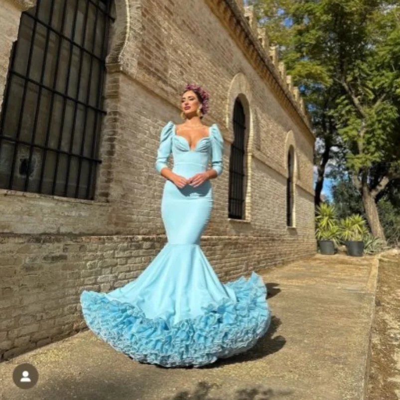 

Flamenco Maxi Dresses Ruffles Dancing Wear Elegant Long Prom Gowns Sky Blue Mermaid Sleeves Layered Party Dresses Tiered