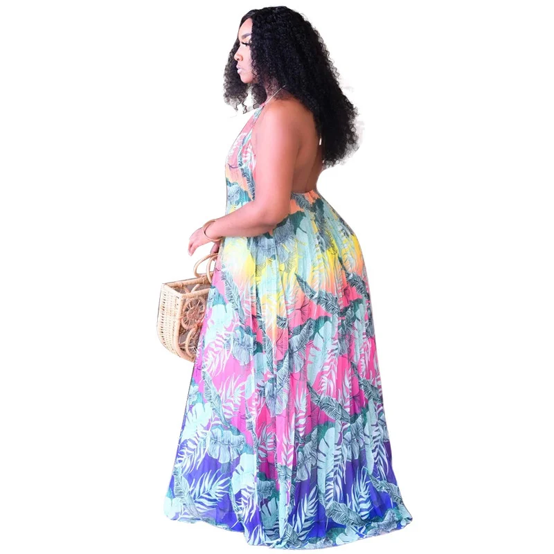 Plus Size Dresses African Women Clothing 2023 Spring Summer Loose Pleated Backless Halter Printing 3xl 4xl 5xl 6xl