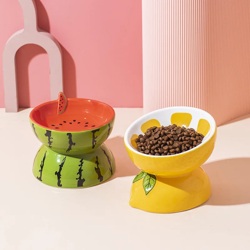 

Cute Fashion Ceramic Cat Dog Bowls Fruit Cartoon Pattern Feeder Non-slip Protecting Cervical Spine Pets Drink Water and Eat Bowl