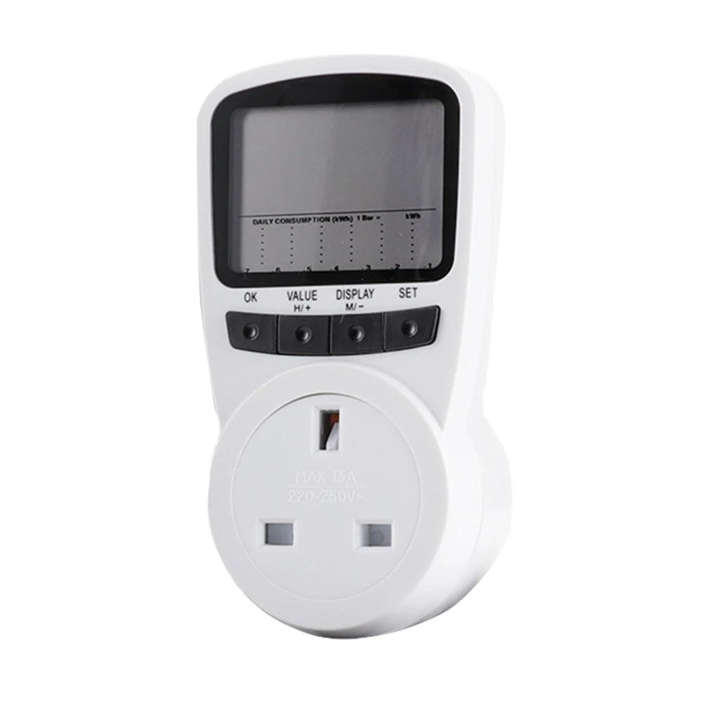 

Монитор потребления электроэнергии, Белый ЖК-дисплей для усилителей напряжения, вилка стандарта Великобритании, измеритель, защита от пере...