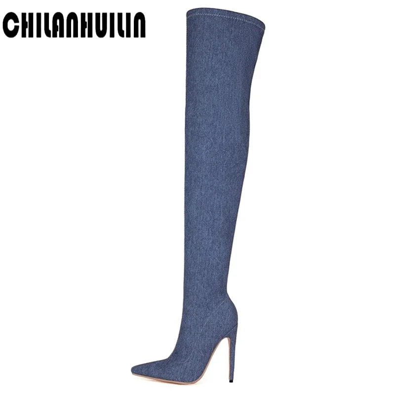 

Привлекательные облегающие сапоги-чулки с острым носком, модная эластичная синяя джинсовая обувь, женские сапоги выше колена на тонком высоком каблуке на осень и зиму