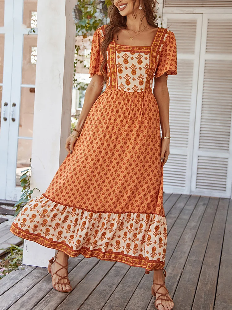 

Женское Макси-платье с цветочным принтом, коротким рукавом и квадратным вырезом