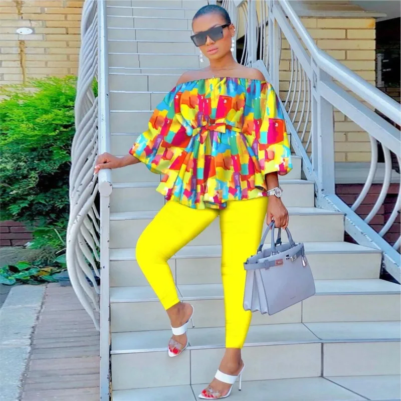 2 Piece Women Set Summer Fashion African Suit Printed Strap Waist Shoulder Top Yellow Pencil Pants Office Lady African Clothing