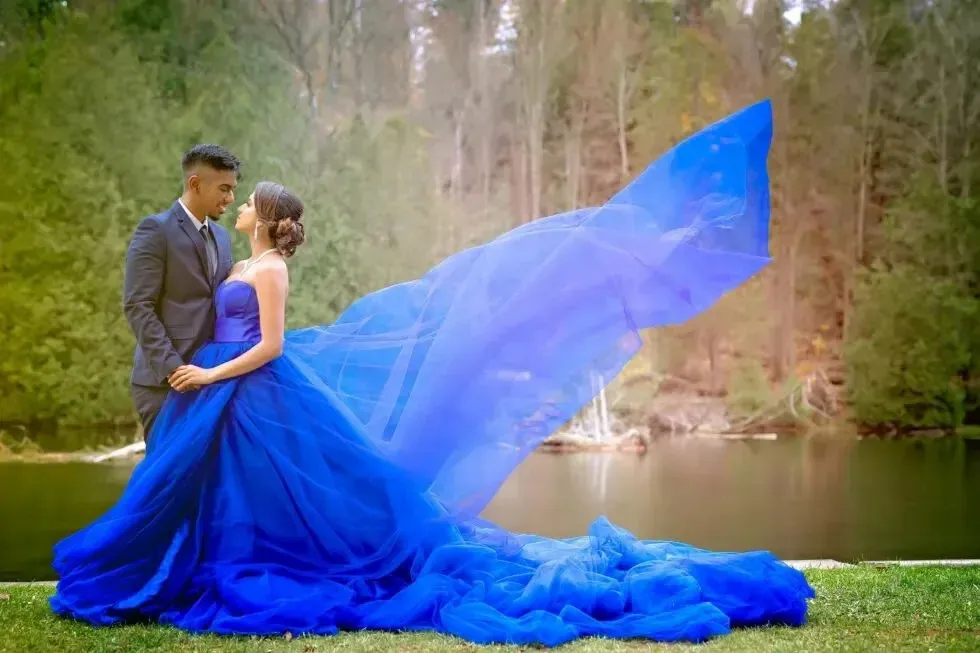 Синие свадебные платья Sweethatr из тюля А-силуэта со шлейфом длиной 2 м на заказ