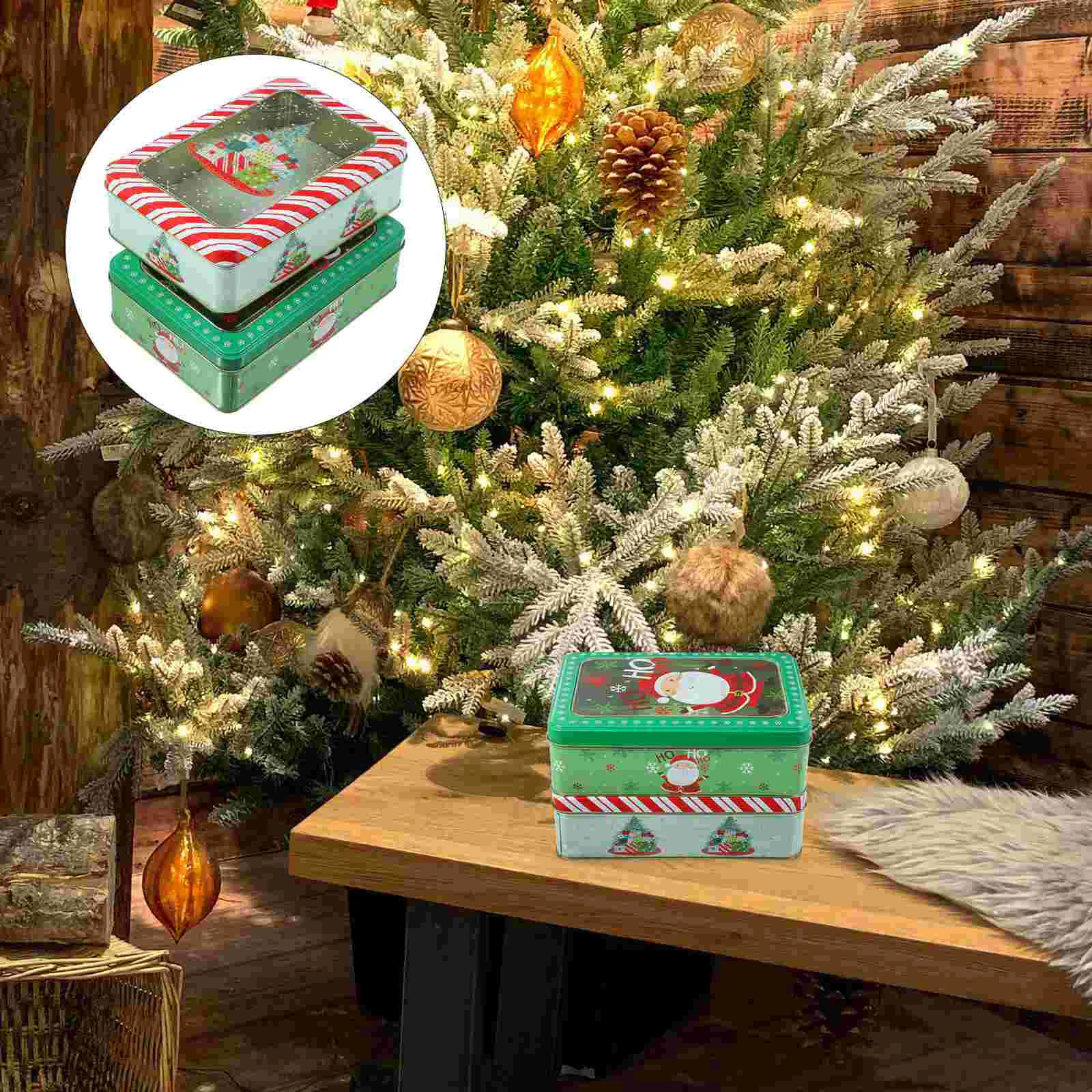 

2Pcs Christmas Tinplate Cookie Boxes Empty Tins Candy Box Storage Container with Clear Window for Gift Giving Christmas Party