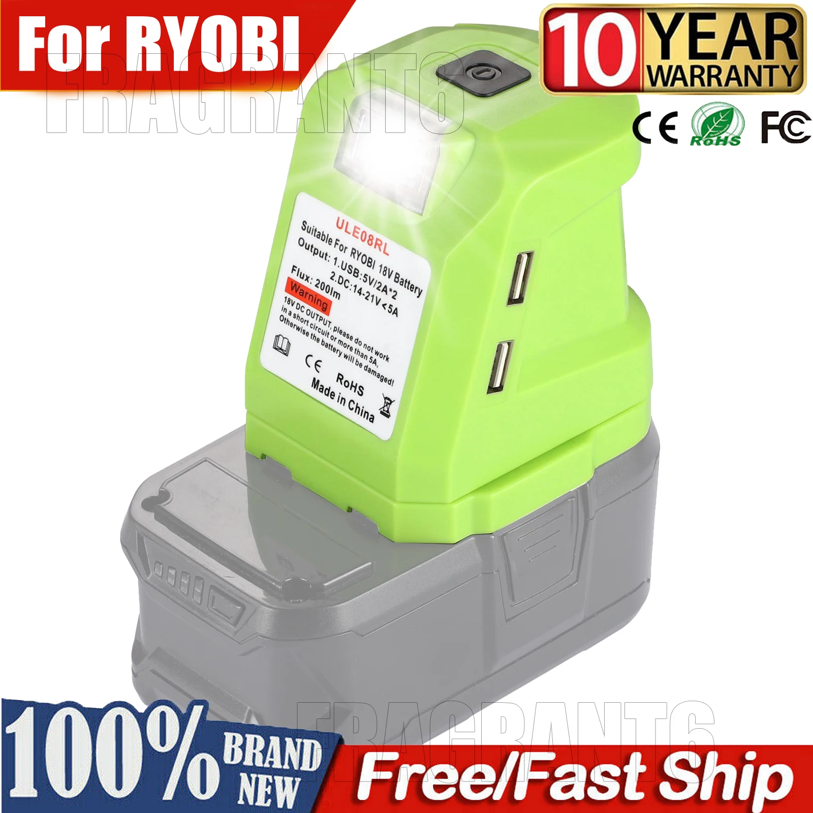 For RYOBI 14.4V/18V Lion Battery Dual USB converter Port with LED Light Spotlight Outdoor Flashlight for RYOBI Batteries enlarge