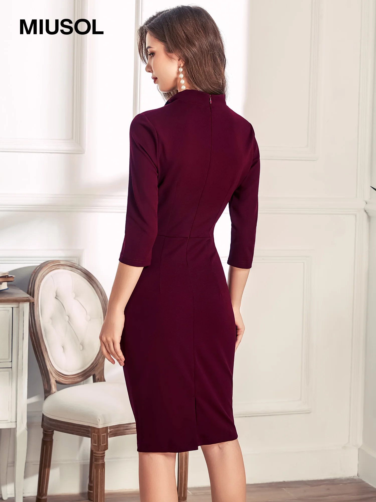 Miusol Women's Tie Neck Slim Retro Pleated Half Sleeve Party Bodycon Business Pencil Dress 9358