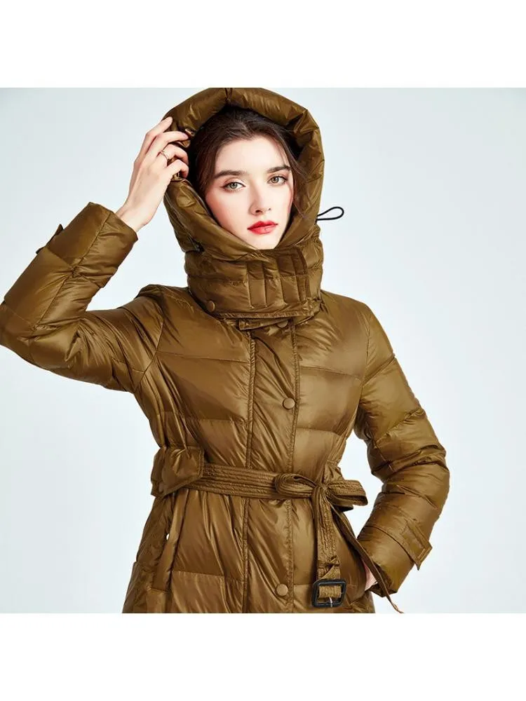 European Station 2022 Winter New High-End Bright Hooded Black Thicked 90 Down Coats Women Lace Up Warmer Bread Cloth Jackets